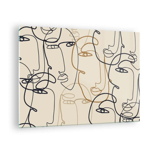 Schilderen op glas - Gecontourde gezichten getekend in één streek op beige - 70x50cm - Het portret is vermenigvuldigd - Moderne wanddecoratie voor woonkamer en slaapkamer ARTTOR