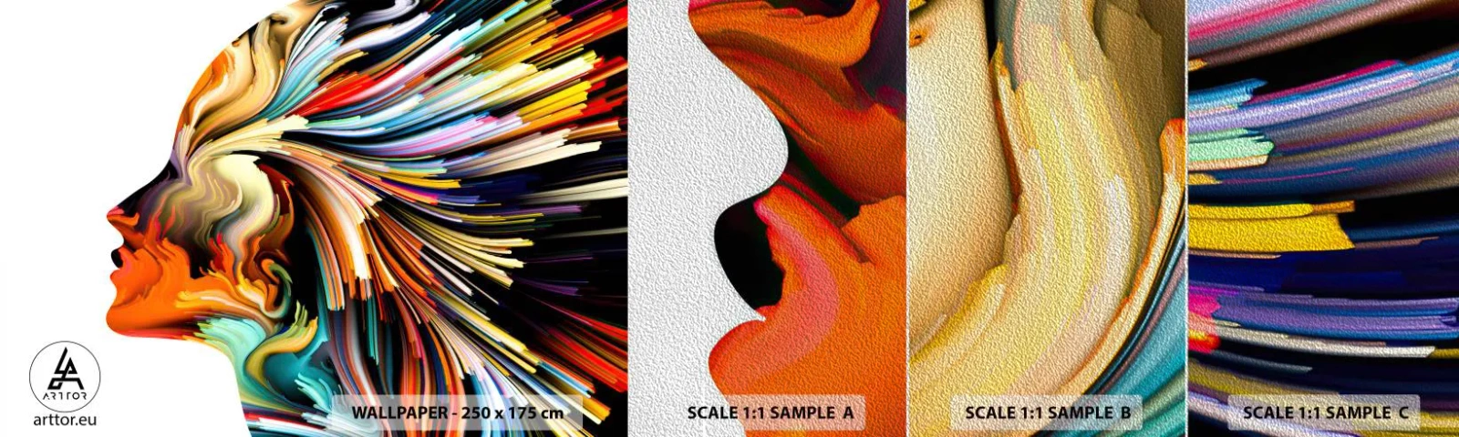 Fotobehang Monster Premium Sand - Een explosie van verbeelding - Abstractie, Vrouw, Grafisch - 100x30 cm