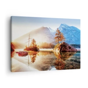 Schilderen op canvas - Een meer met eilanden en bergen op de achtergrond bij zonsopgang - 70x50cm - De natuur in een nieuw licht - Moderne wanddecoratie voor woonkamer en slaapkamer ARTTOR