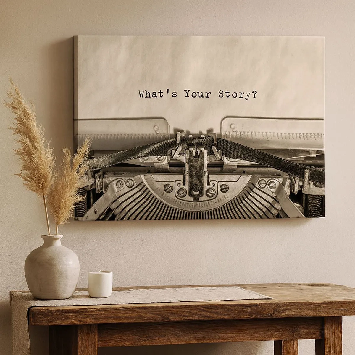 Schilderen op canvas - Een typemachine met de tekst What's Your Story? - 70x50cm - Vertel het mee - Moderne wanddecoratie voor woonkamer en slaapkamer ARTTOR