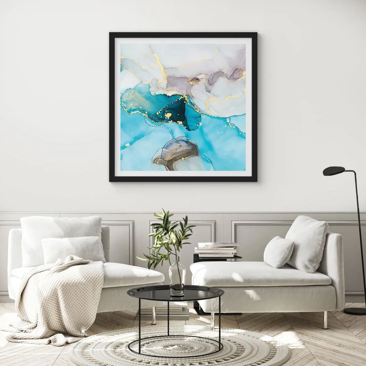 Poster in een zwarte lijst - Een studie van de ontmoeting van grijs en turkoois - 30x30 cm