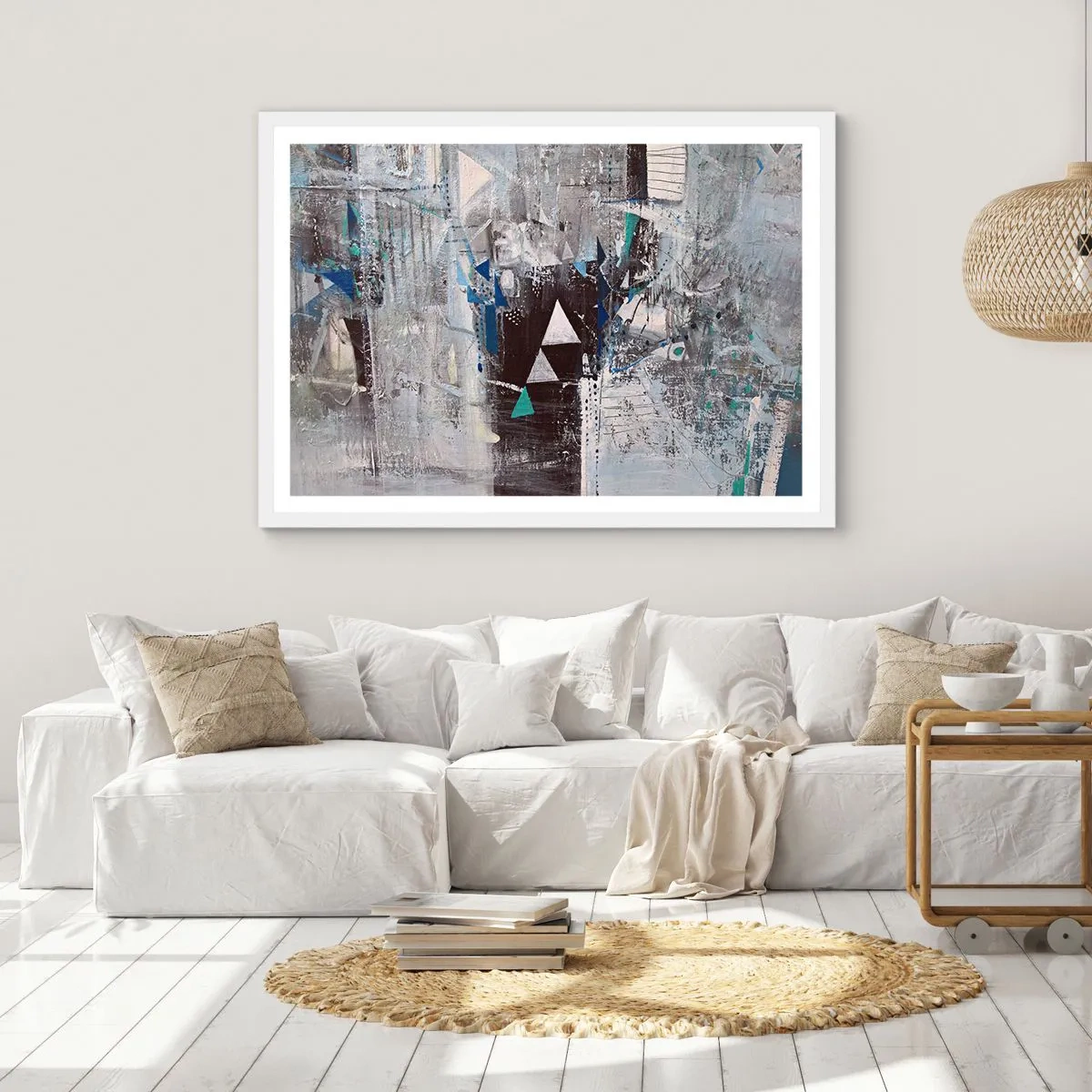 Poster in een witte lijst - Overschrijvende volgorde van driehoeken - 91x61 cm