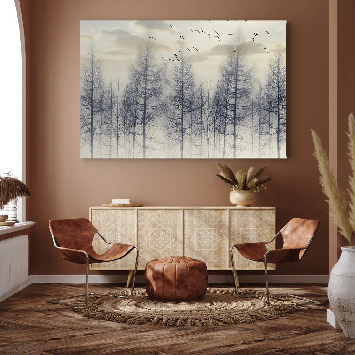 Schilderen op canvas - Mistig bos met vogels tegen de zonsonderganghemel - 70x50cm - Bosgeesten - Moderne wanddecoratie voor woonkamer en slaapkamer ARTTOR