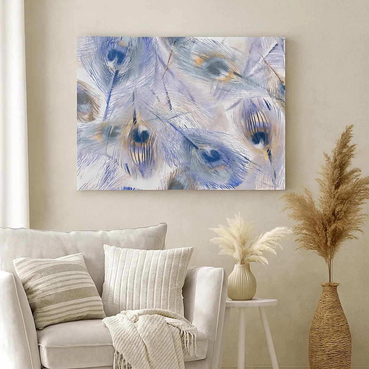 Schilderen op canvas - Een patroon met pauwenveren in tinten blauw en goud - 70x50cm - Pauwenogen compositie - Moderne wanddecoratie voor woonkamer en slaapkamer ARTTOR