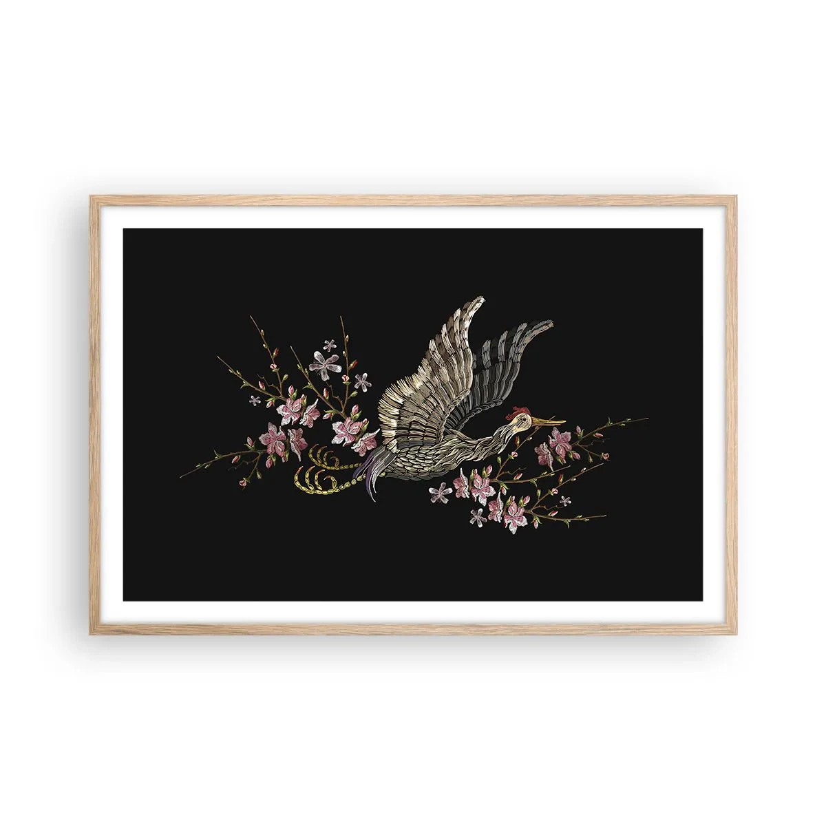 Een poster in een licht eiken lijst - Exotische geborduurde vogel - 91x61 cm