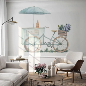 Fotobehang Premium Sand - Zoete herinnering aan de zomer - Pastel, Ijsje, Fiets - 450x315 cm