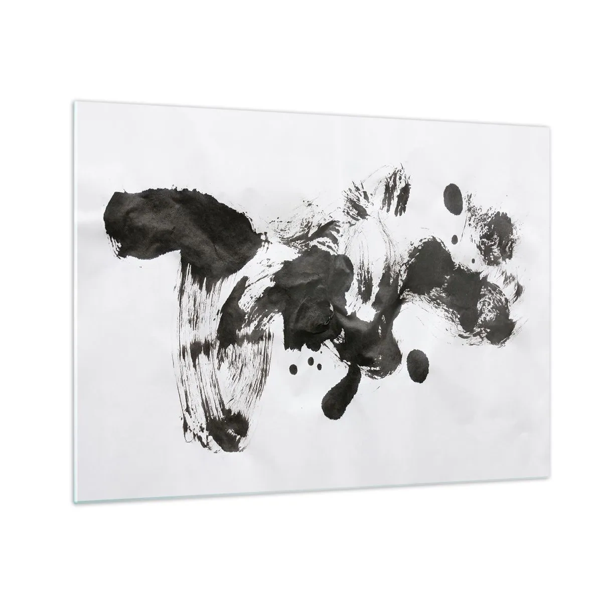Schilderen op glas - Abstracte zwarte vlek en penseelstreken op een witte achtergrond - 70x50cm - Is er een methode voor de waanzin? - Moderne wanddecoratie voor woonkamer en slaapkamer ARTTOR