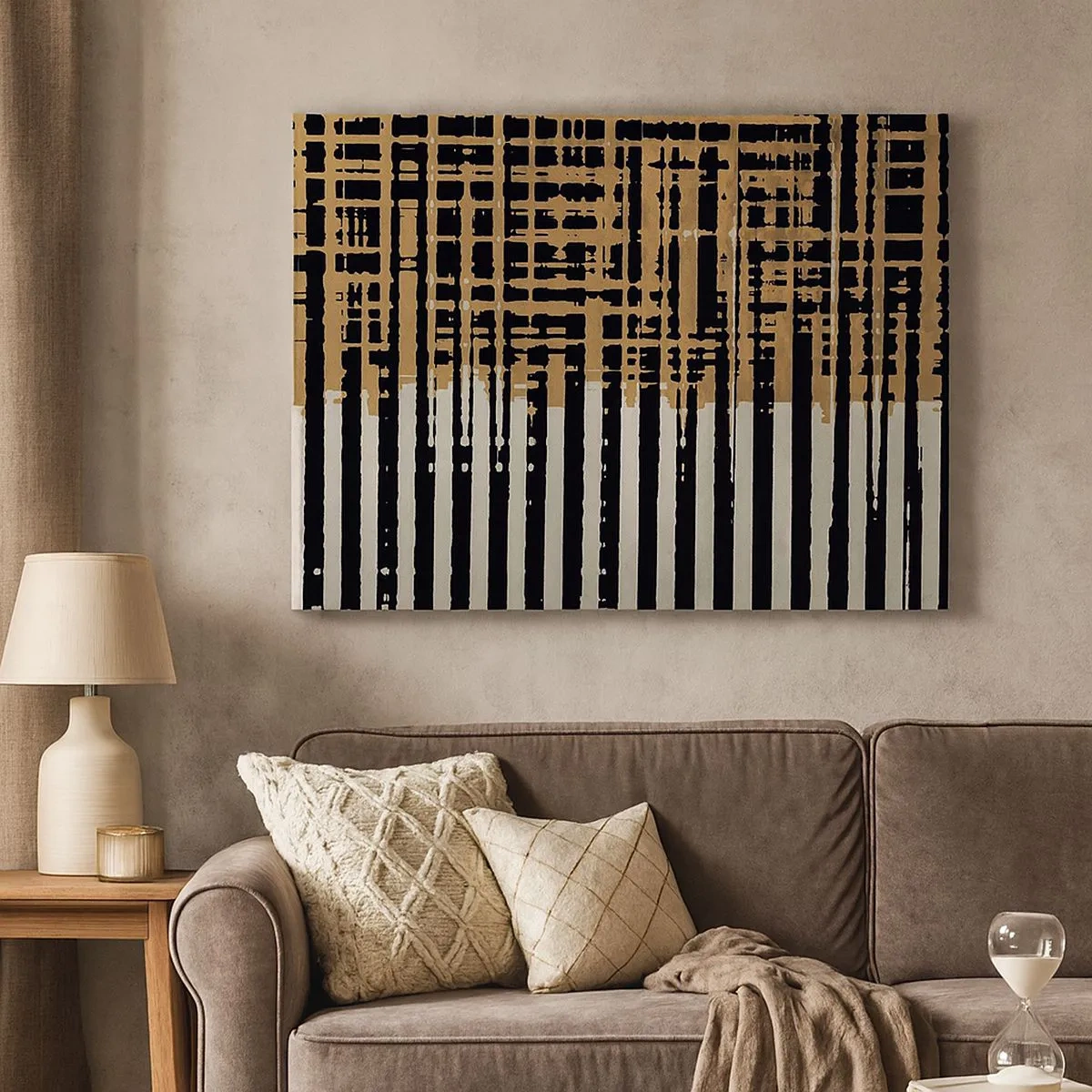 Schilderen op canvas - Abstracte lijnen in zwart, beige en wit - 70x50cm - Architecturale abstractie - Moderne wanddecoratie voor woonkamer en slaapkamer ARTTOR