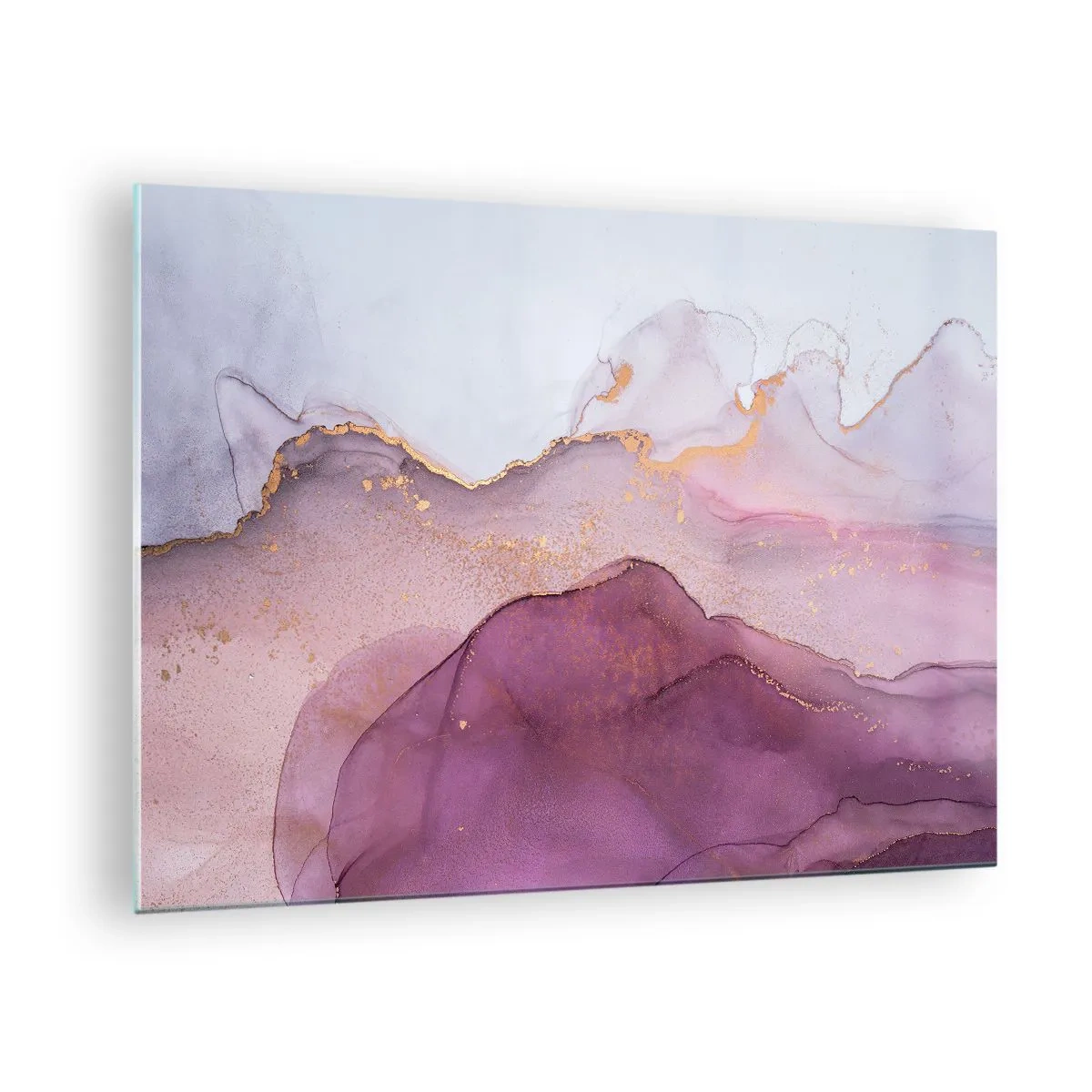 Schilderen op glas - Abstracte golven in tinten paars met gouden accenten - 70x50cm - Lila en paarse golven - Moderne wanddecoratie voor woonkamer en slaapkamer ARTTOR