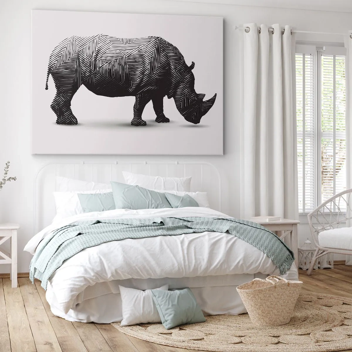 Schilderen op canvas - Grafisch silhouet van een neushoorn in een zwart-wit patroon - 70x50cm - Geometrische schoonheid van de natuur - Moderne wanddecoratie voor woonkamer en slaapkamer ARTTOR