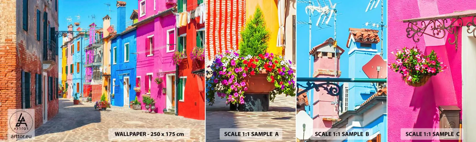 Fotobehang Monster Zelfklevend Deluxe Sticker - Stadje "De Papegaai" - Stad, Italië, Architectuur - 100x30 cm