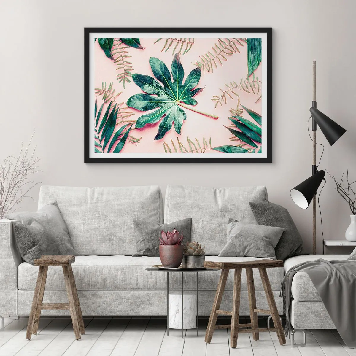 Poster in een zwarte lijst - Een studie van groen op een roze achtergrond - 100x70 cm