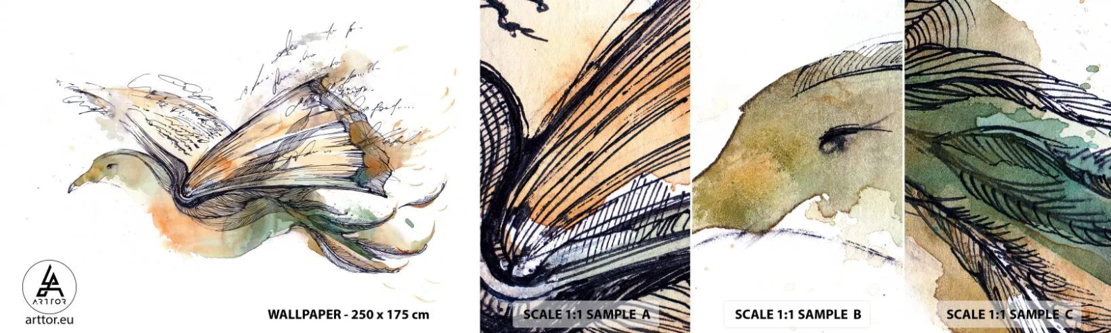 Fotobehang Monster Zelfklevend Deluxe Sticker - Op de vleugels van poëzie - Abstractie, Vogel, Boek - 100x30 cm