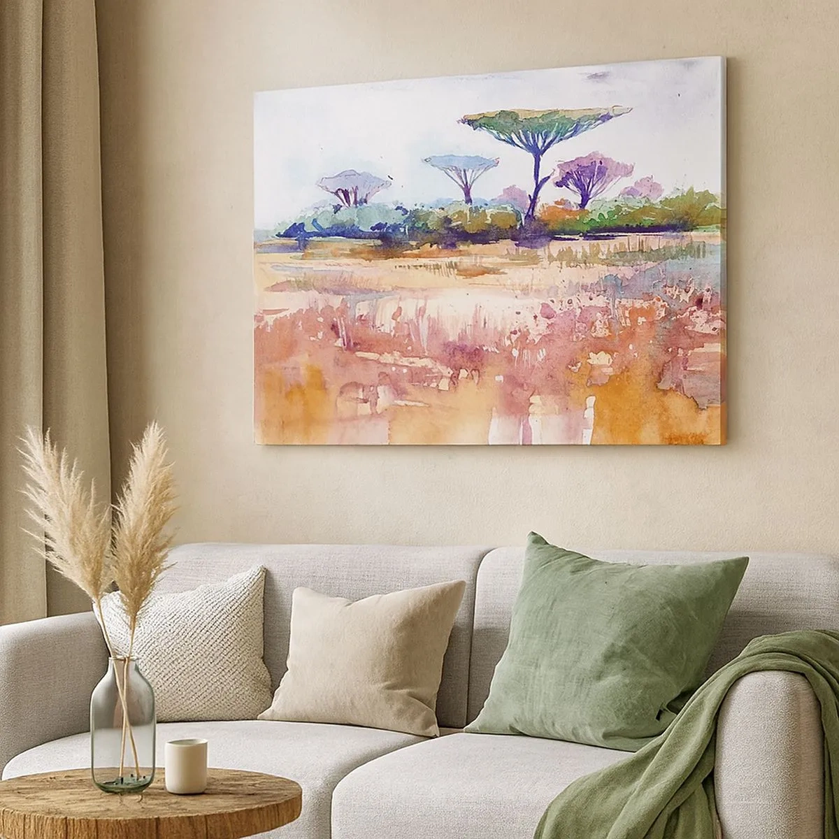 Schilderen op canvas - Een schilderachtig savannelandschap in aquarelkleuren - 70x50cm - Savanne kleuren - Moderne wanddecoratie voor woonkamer en slaapkamer ARTTOR