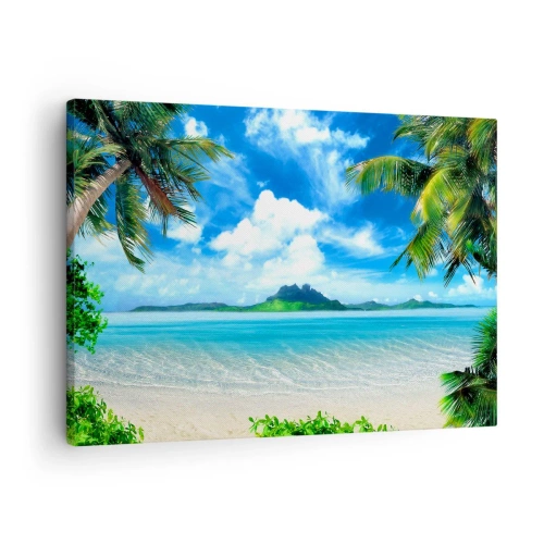 Schilderen op canvas - Tropisch strand met palmbomen en uitzicht op het eiland - 70x50cm - Het azuur van de tropen - Moderne wanddecoratie voor woonkamer en slaapkamer ARTTOR