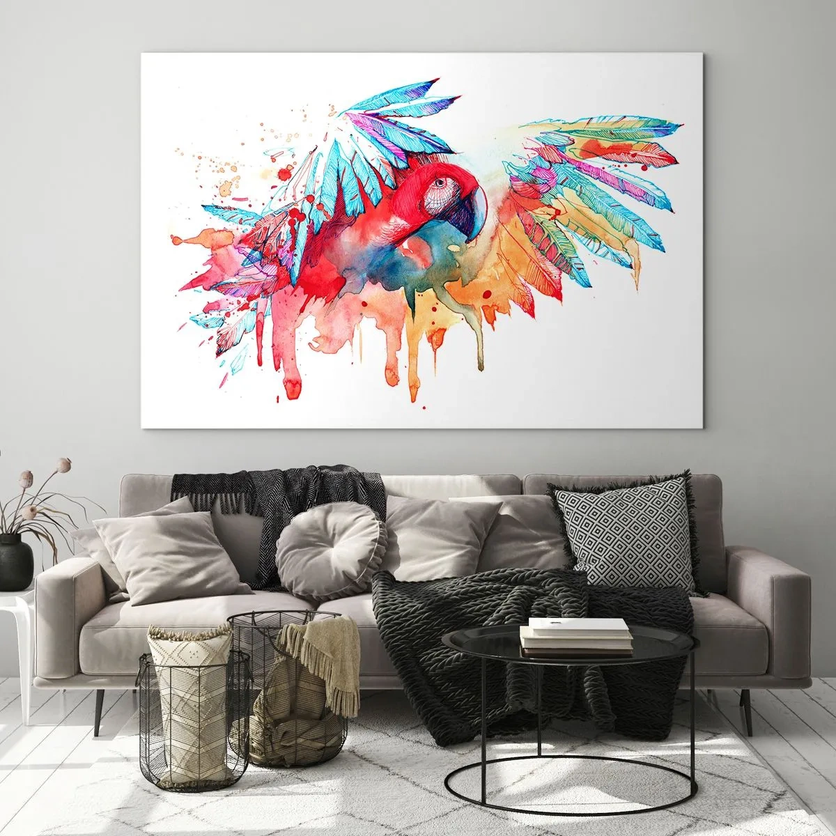 Schilderen op glas - Kleurrijke aquarelpapegaai met gespreide vleugels - 70x50cm - Gekleurde papegaaien - Moderne wanddecoratie voor woonkamer en slaapkamer ARTTOR