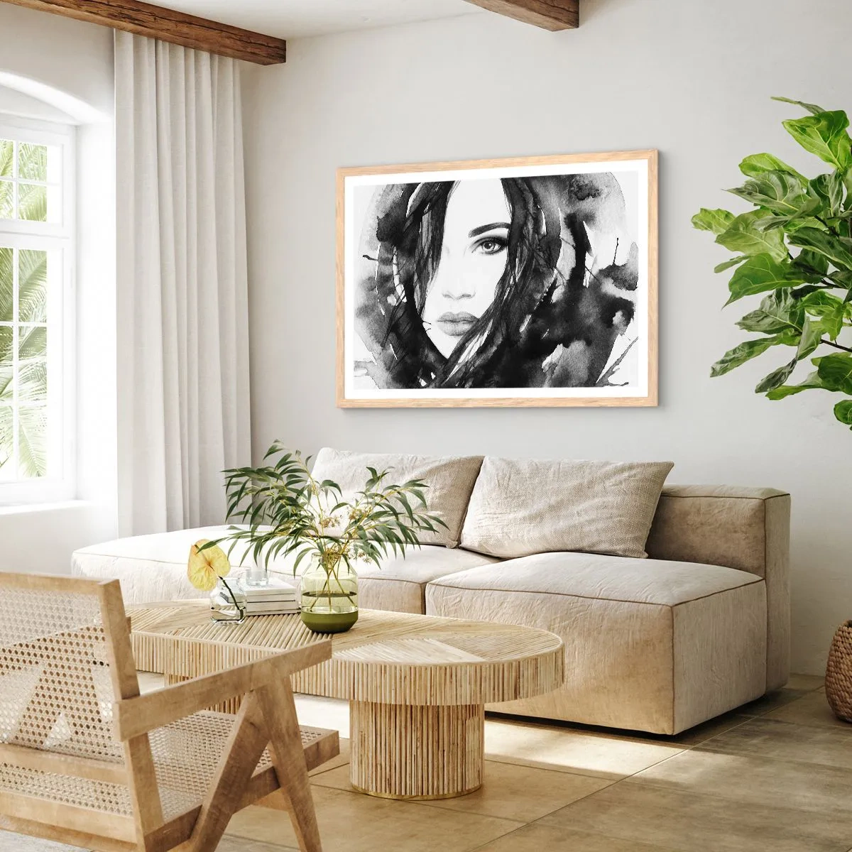 Een poster in een licht eiken lijst - Portret van een dame in zwart en wit - 40x30 cm