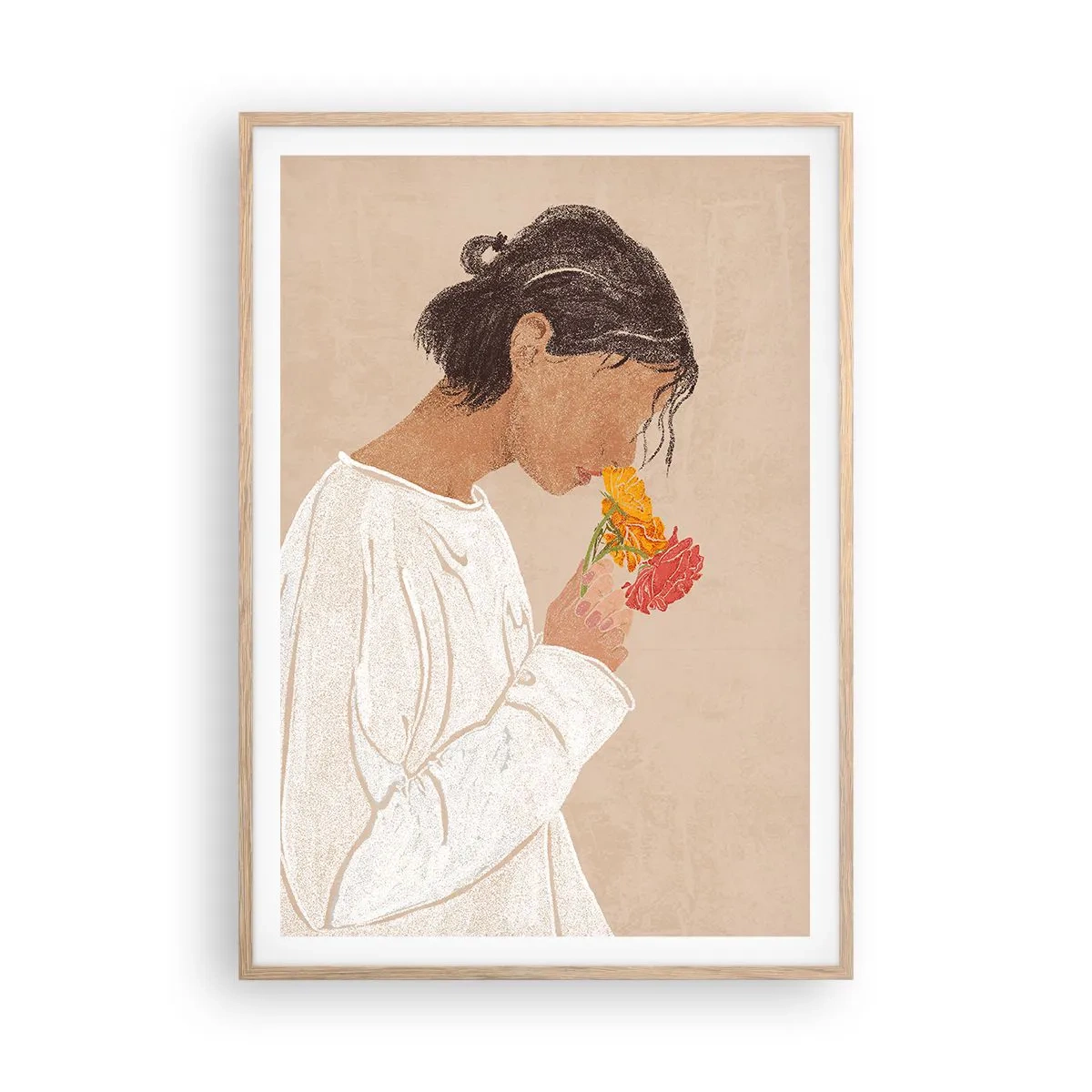 Een poster in een licht eiken lijst - Meisje en bloemen - 70x100 cm