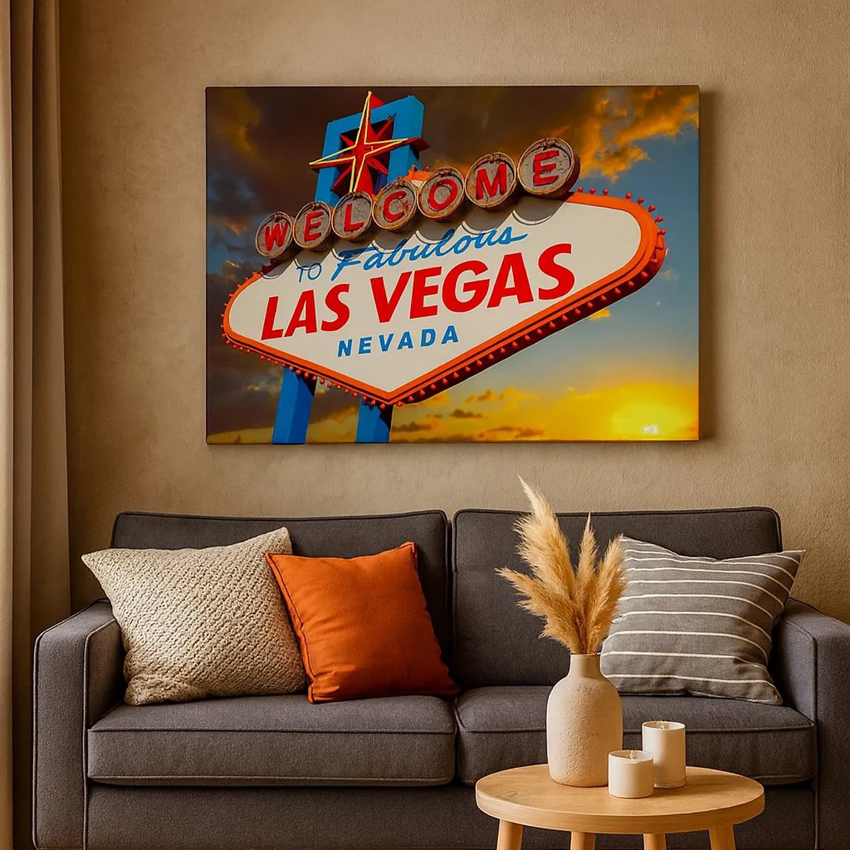 Schilderen op canvas - Het beroemde Welcome to Fabulous Las Vegas-bord bij zonsondergang - 70x50cm - Voor een glimlach van het lot - Moderne wanddecoratie voor woonkamer en slaapkamer ARTTOR
