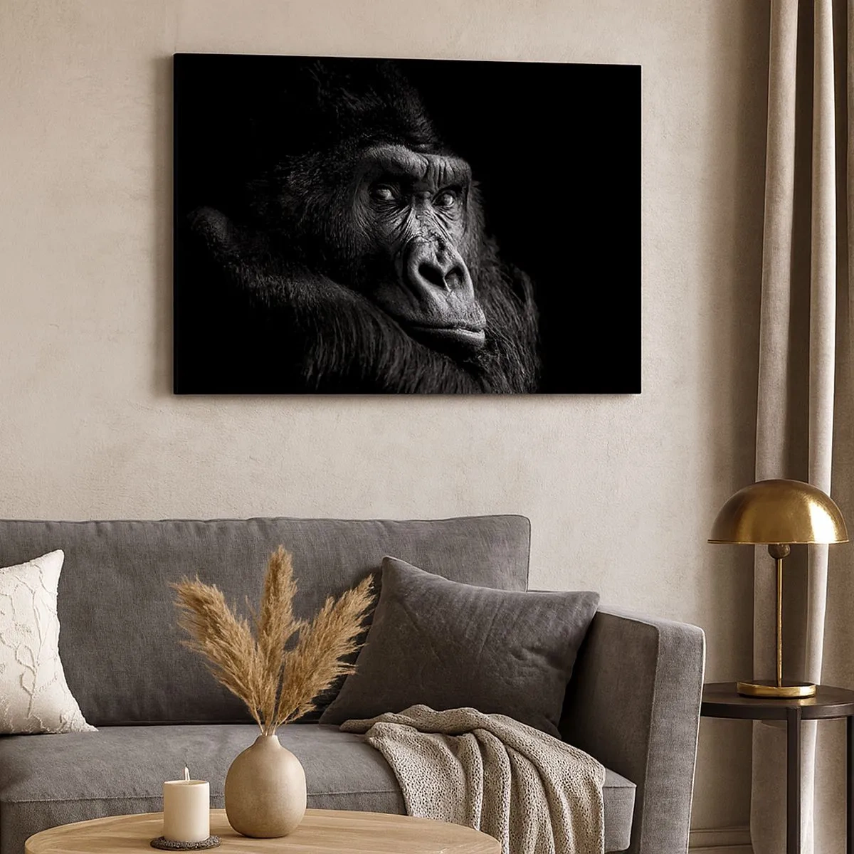 Schilderen op canvas - Zwart-witportret van een majestueuze gorilla - 70x50cm - En waar kijk je naar? - Moderne wanddecoratie voor woonkamer en slaapkamer ARTTOR