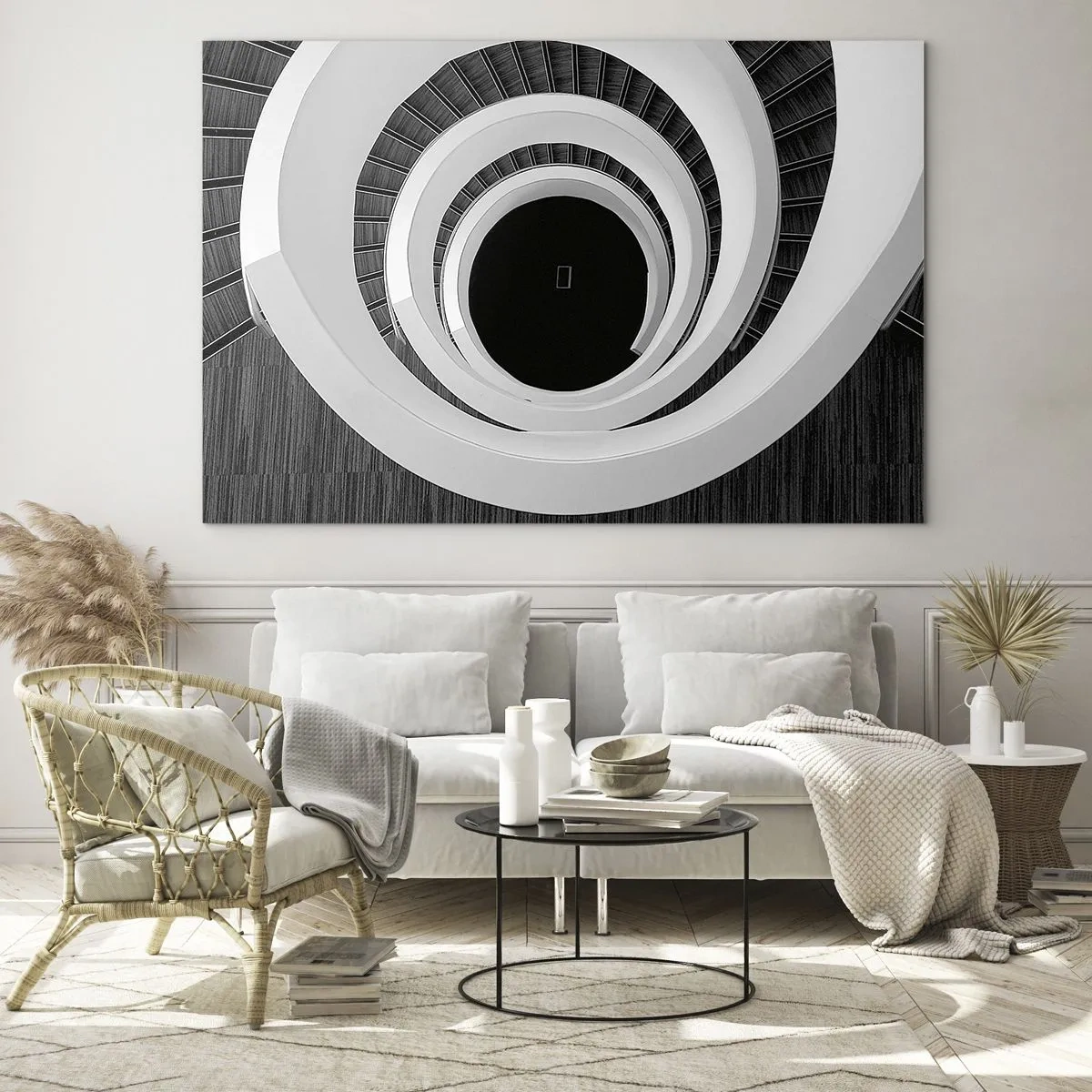 Schilderen op glas - Zwart-witte wenteltrap van bovenaf - 70x50cm - Tot de kern van de zaak - Moderne wanddecoratie voor woonkamer en slaapkamer ARTTOR