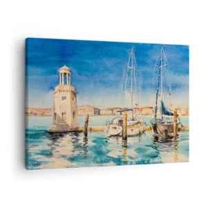 Schilderen op canvas - Jachthaven met boten tegen de achtergrond van een blauwe lagune - 70x50cm - Zonnige lagune - Moderne wanddecoratie voor woonkamer en slaapkamer ARTTOR
