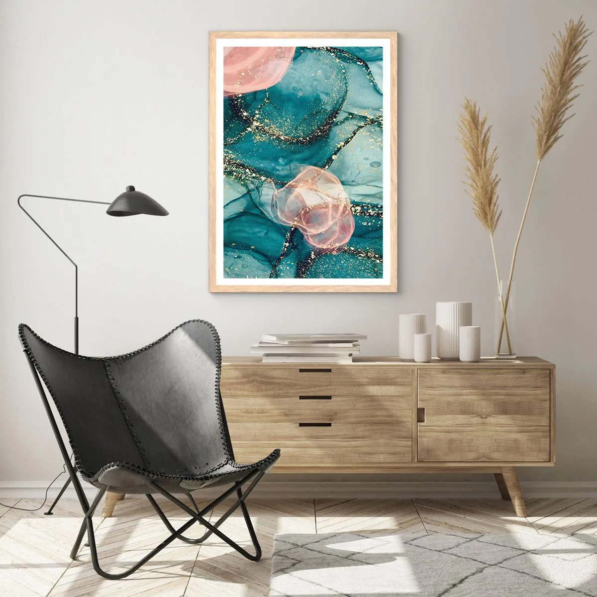 Een poster in een licht eiken lijst - Zijdeblauw, tule roze - 61x91 cm