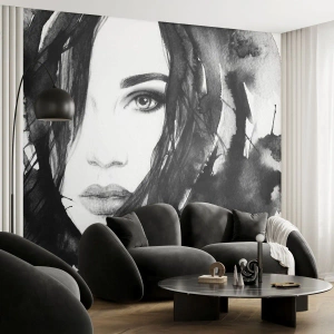 Zelfklevend Fotobehang Deluxe Sticker - Portret van een dame in zwart en wit - Abstractie, Het gezicht van de vrouw, Portret - 250x175 cm
