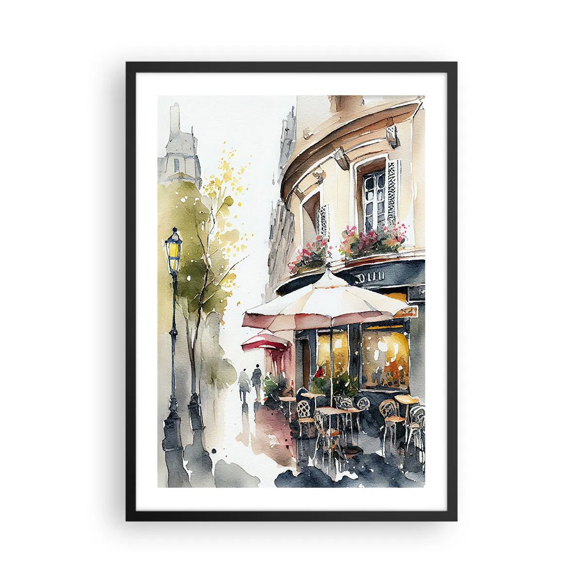 Poster in een zwarte lijst - Een café in een pittoresk straatje in Europese stijl - 50x70cm - Parijse ochtend - Moderne wanddecoratie voor woonkamer en slaapkamer ARTTOR