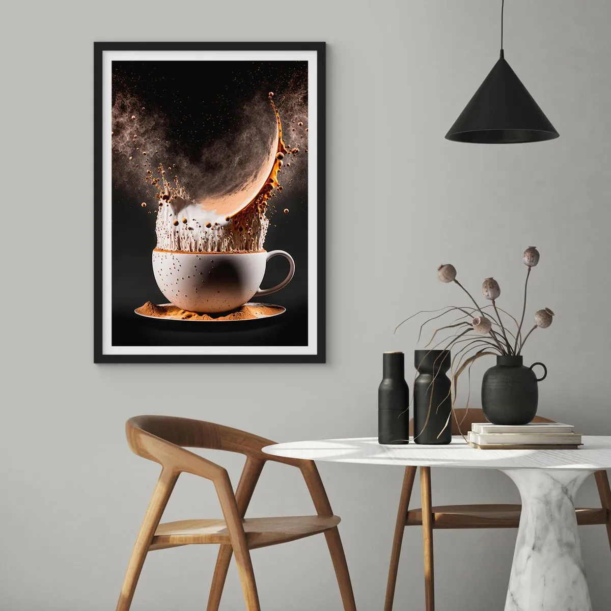 Poster in een zwarte lijst - Een dynamische explosie van koffie in een kopje - 50x70cm - Een explosie van smaak - Moderne wanddecoratie voor woonkamer en slaapkamer ARTTOR