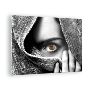 Schilderen op glas - Eén oog verborgen achter een monochrome stoftextuur - 70x50cm - Leer het geheim - Moderne wanddecoratie voor woonkamer en slaapkamer ARTTOR