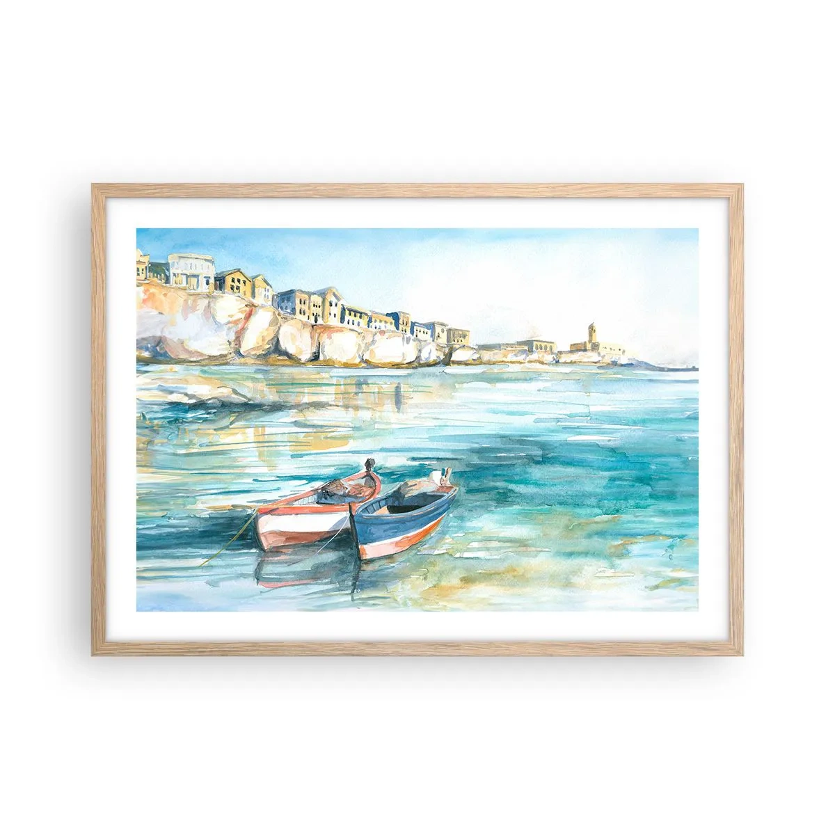 Een poster in een licht eiken lijst - Azuurblauw landschap - 70x50 cm