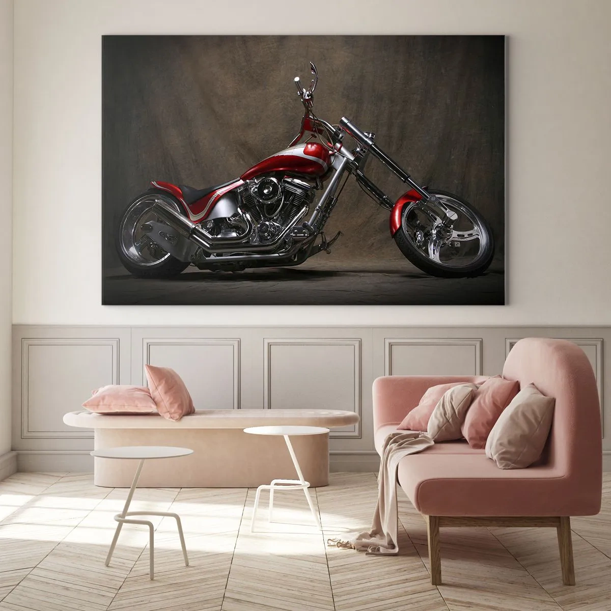 Schilderen op glas - Rode custom motorfiets op een donkere achtergrond - 70x50cm - Rode en zilveren schoonheid - Moderne wanddecoratie voor woonkamer en slaapkamer ARTTOR