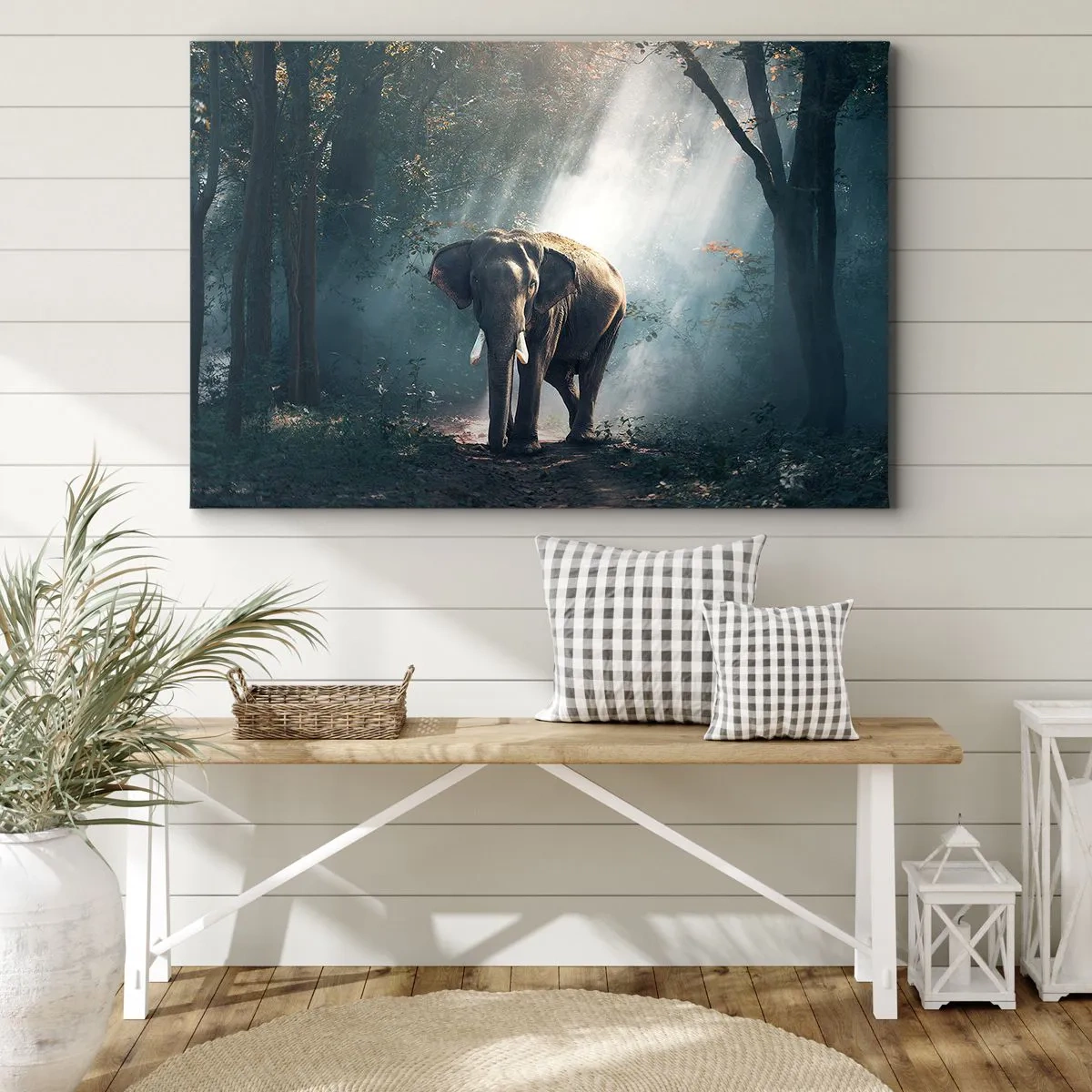 Schilderen op canvas - Olifant in het boslicht - 70x50cm - Een ontspannen wandeling - Moderne wanddecoratie voor woonkamer en slaapkamer ARTTOR