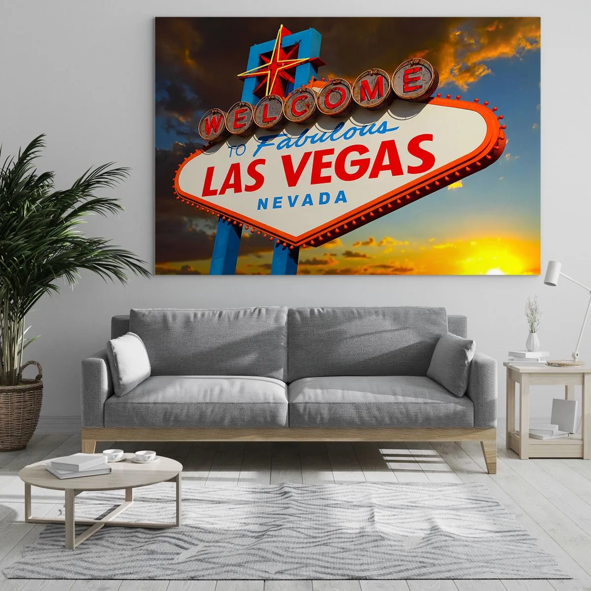 Schilderen op glas - Welkomstbord van Las Vegas tegen de ondergaande zon - 70x50cm - Voor een glimlach van het lot - Moderne wanddecoratie voor woonkamer en slaapkamer ARTTOR