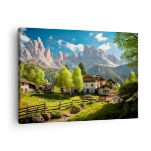 Schilderen op canvas - Een bergdorp met huizen en uitzicht op de Alpen - 70x50cm - Alpine idylle - Moderne wanddecoratie voor woonkamer en slaapkamer ARTTOR