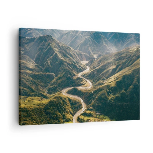 Schilderen op canvas - Een berglandschap met een kronkelende weg tussen groene heuvels - 70x50cm - Recht uit het hart van de bergen - Moderne wanddecoratie voor woonkamer en slaapkamer ARTTOR