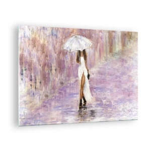 Schilderen op glas - Figuur van een vrouw met een paraplu in een lila regenscène - 70x50cm - In de lila regen - Moderne wanddecoratie voor woonkamer en slaapkamer ARTTOR