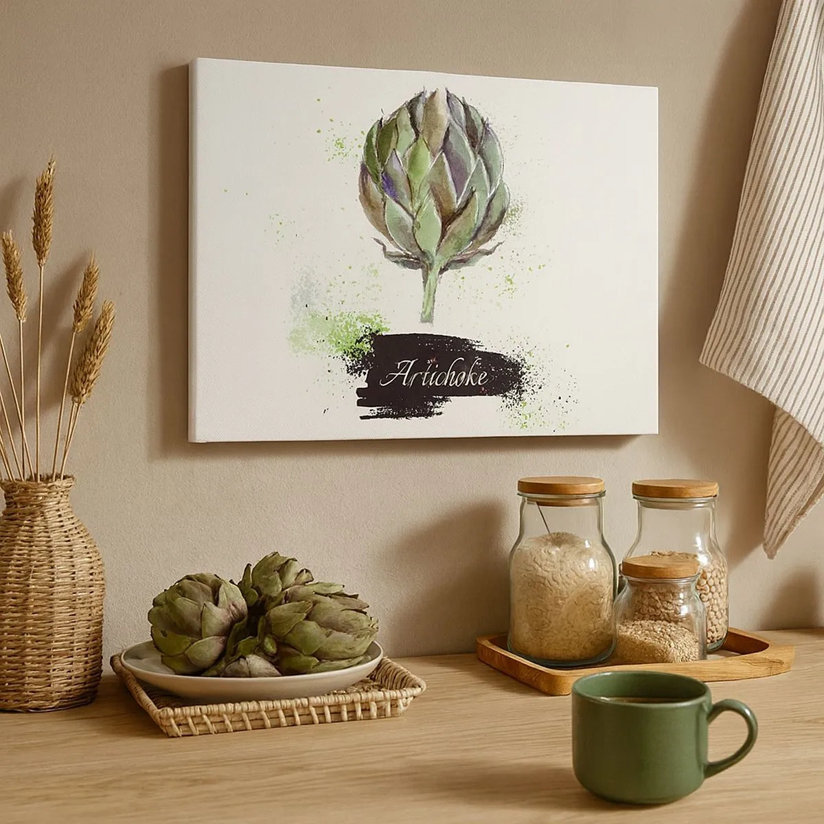 Schilderen op canvas - Aquarel artisjok met tekst op een lichte achtergrond met groene accenten - 70x50cm - Eviva-groenten! - Moderne wanddecoratie voor woonkamer en slaapkamer ARTTOR
