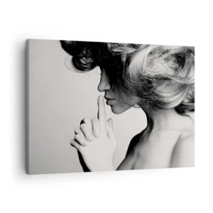 Schilderen op canvas - Zwart-wit profiel van een vrouw die een stiltegebaar maakt - 70x50cm - Luisteren naar zichzelf - Moderne wanddecoratie voor woonkamer en slaapkamer ARTTOR