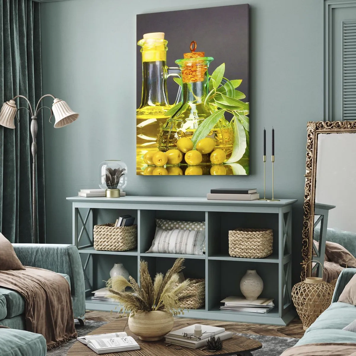 Schilderen op canvas - Stilleven met olijven en olijfolie - 65x120 cm