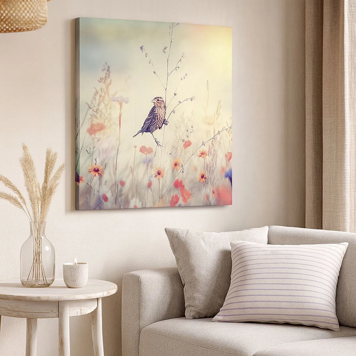 Schilderen op canvas - Vogelportret met een weiland op de achtergrond - 30x30 cm