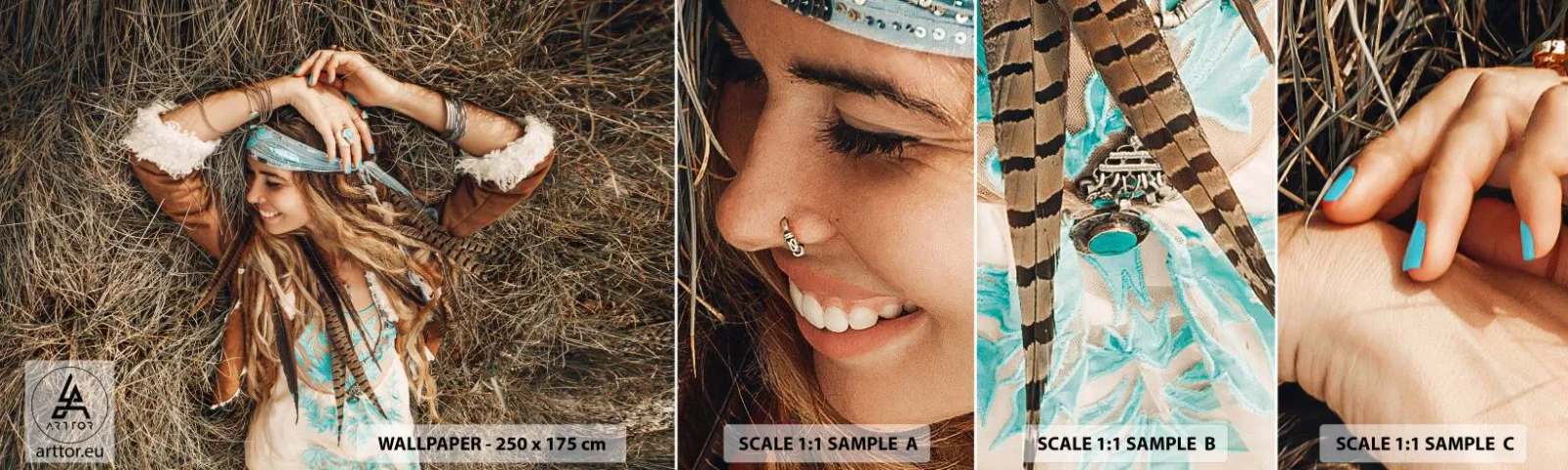 Fotobehang Staaltje Standard Eco - Op weg naar de zomer van de liefde - Boho, Vrouw, Juwelen - 100x30 cm