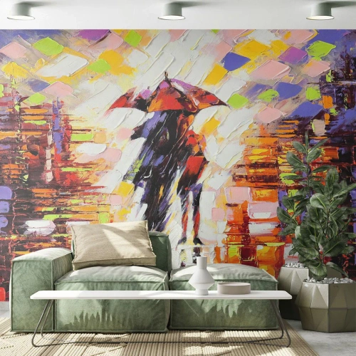 Fotobehang Premium Sand - Samen door de nacht en regen - Abstractie, Verliefd stel, Lopen in de regen - 100x70 cm