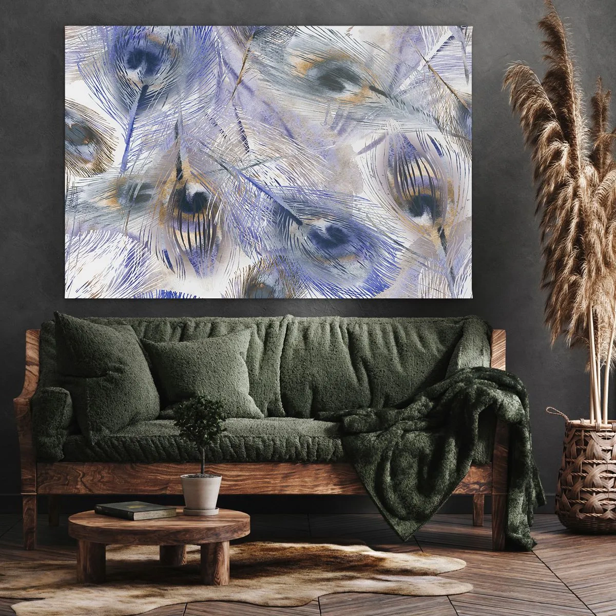 Schilderen op canvas - Een patroon met pauwenveren in tinten blauw en goud - 70x50cm - Pauwenogen compositie - Moderne wanddecoratie voor woonkamer en slaapkamer ARTTOR