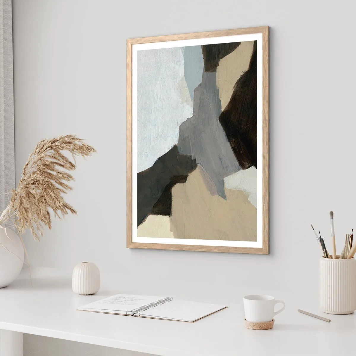 Een poster in een licht eiken lijst - Abstractie: het kruispunt van grijs - 50x70 cm