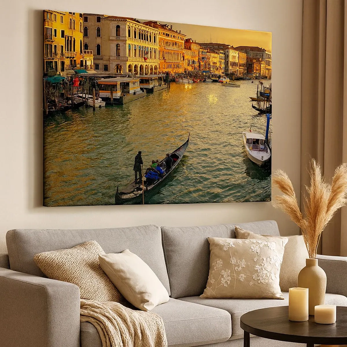 Schilderen op canvas - Gondel op een kanaal in Venetië bij zonsondergang - 70x50cm - Aan de zonnige kant van de straat - Moderne wanddecoratie voor woonkamer en slaapkamer ARTTOR