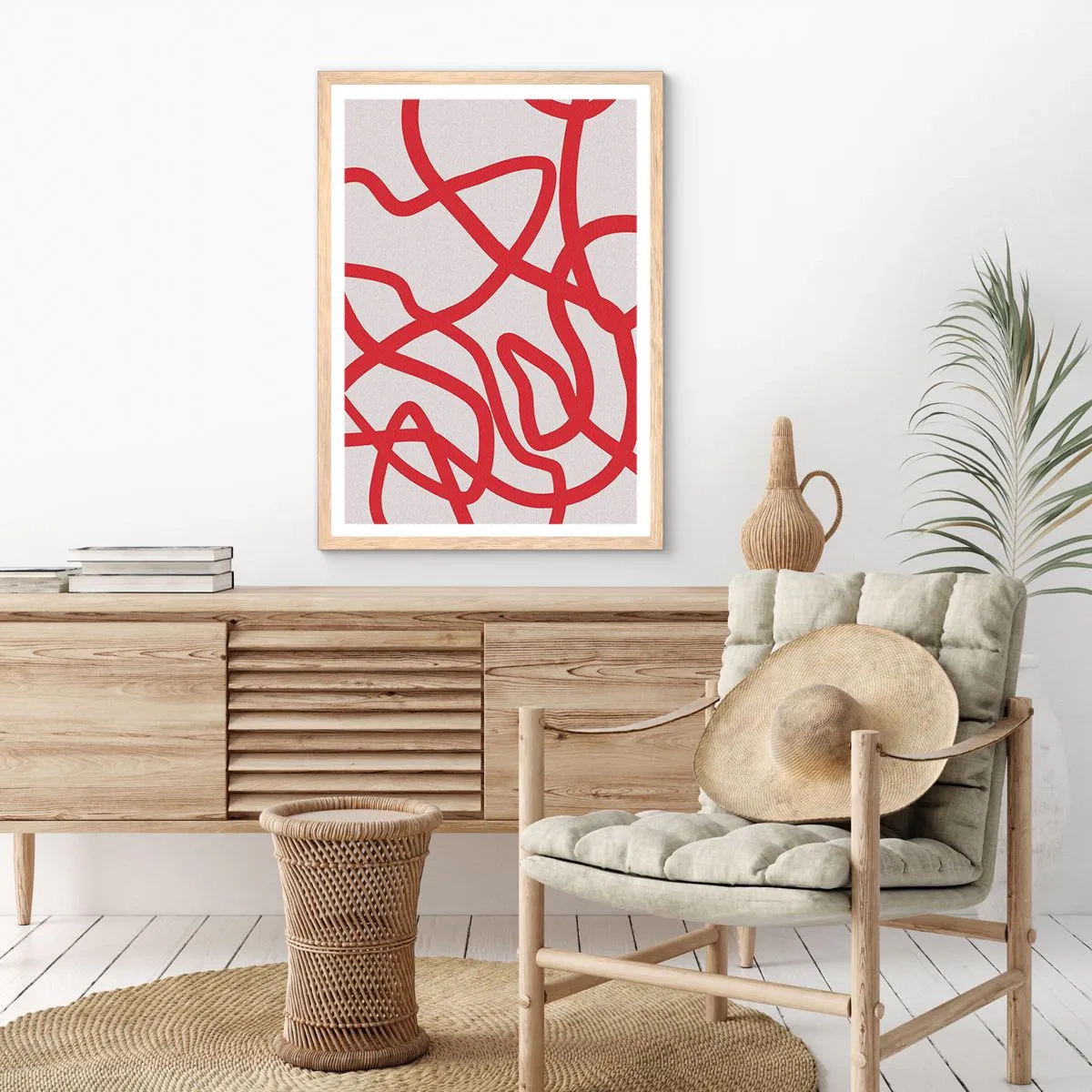 Een poster in een licht eiken lijst - Rood op wit - 40x50 cm