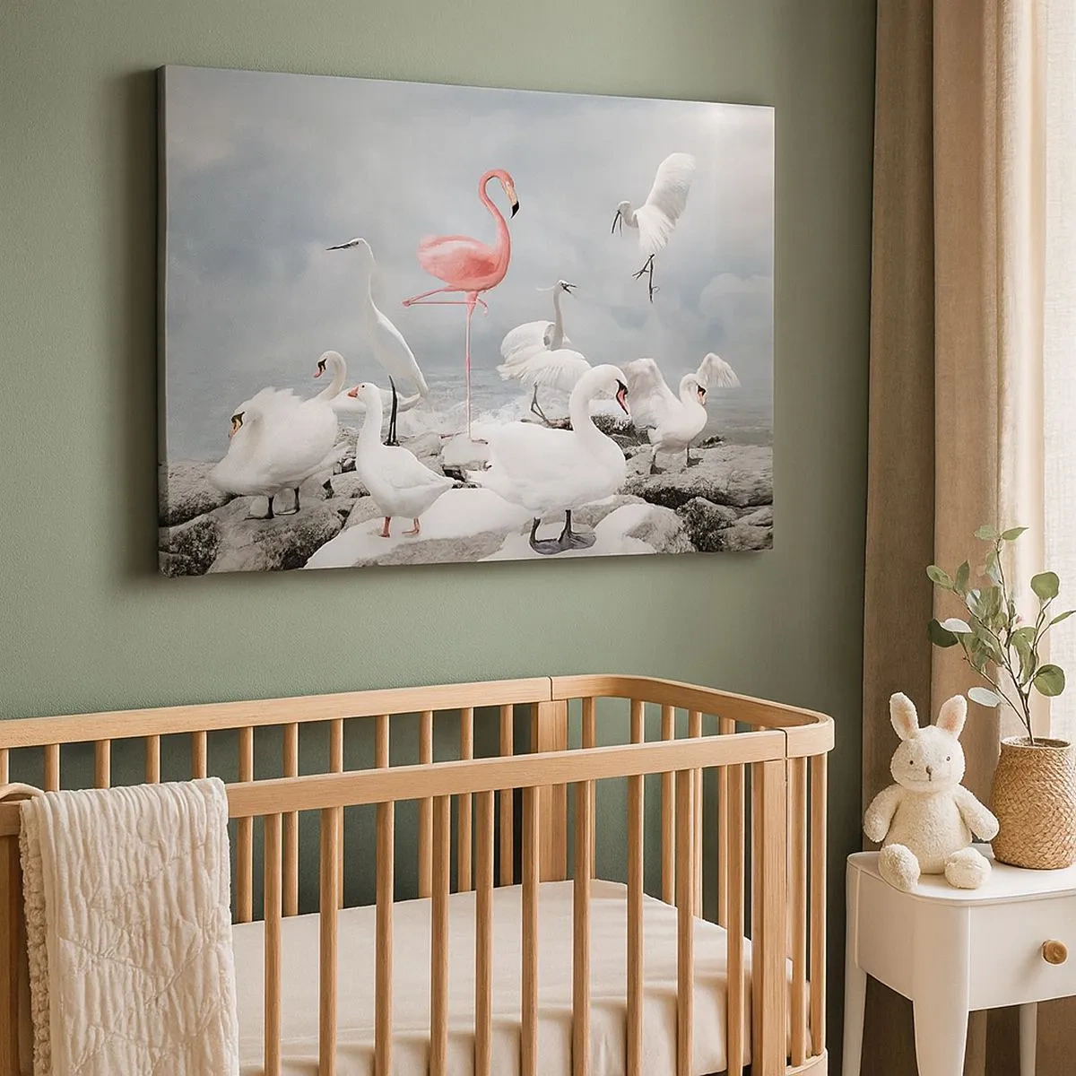 Schilderen op canvas - Een roze flamingo tussen witte zwanen tegen de achtergrond van een meer - 70x50cm - Hoe ben ik hier terecht gekomen? - Moderne wanddecoratie voor woonkamer en slaapkamer ARTTOR