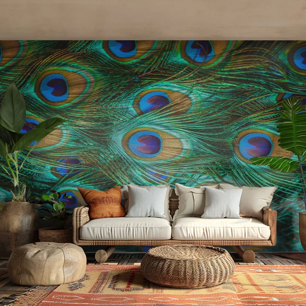 Fotobehang Premium Canvas - Een pauwenooglook - Abstractie, Pauwenveren, Vogelveer - 150x105 cm